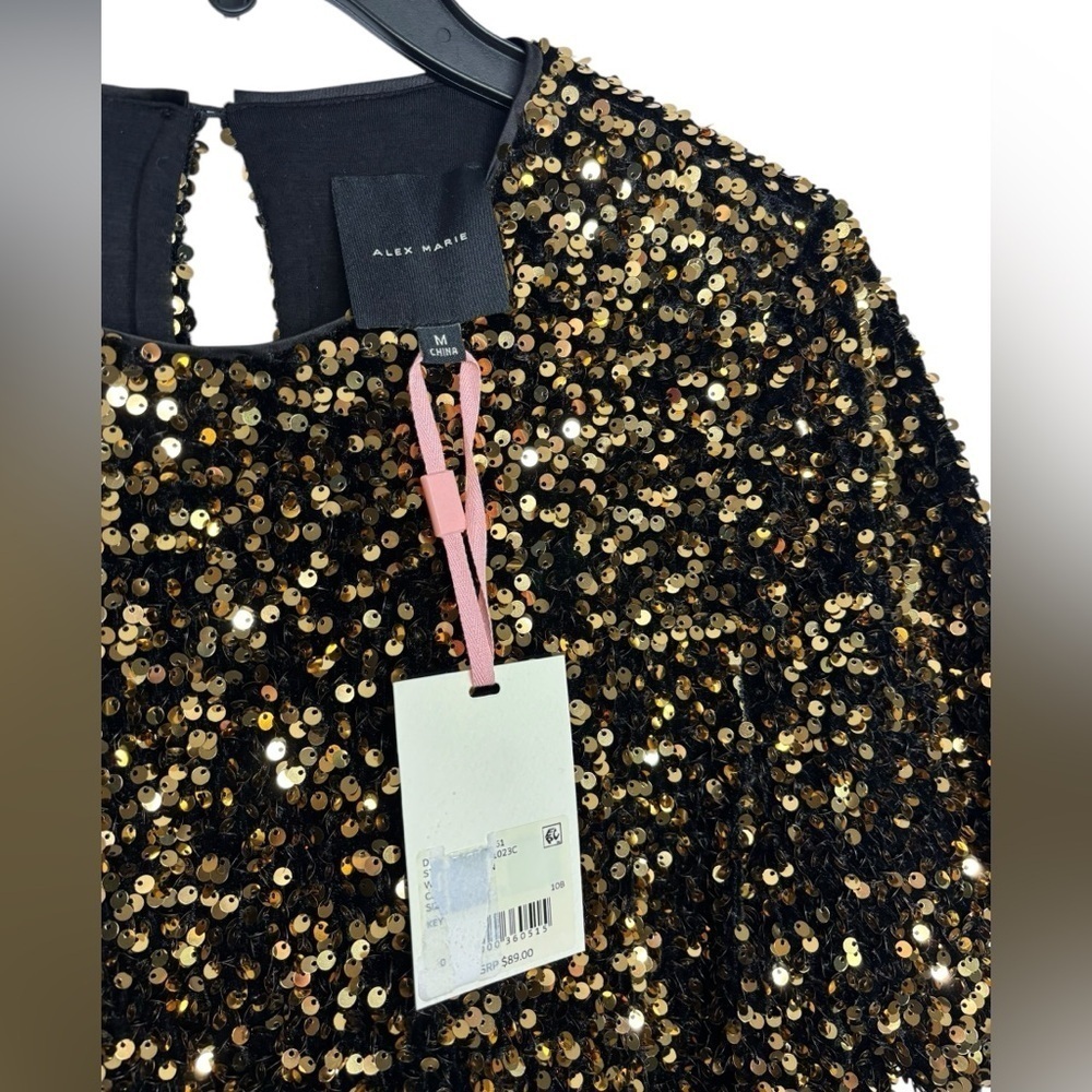 Alex Marie Party Lia Gold Sequins Embroidered Crew Neck Short Sleeve Blouse M - Picture 3 of 10